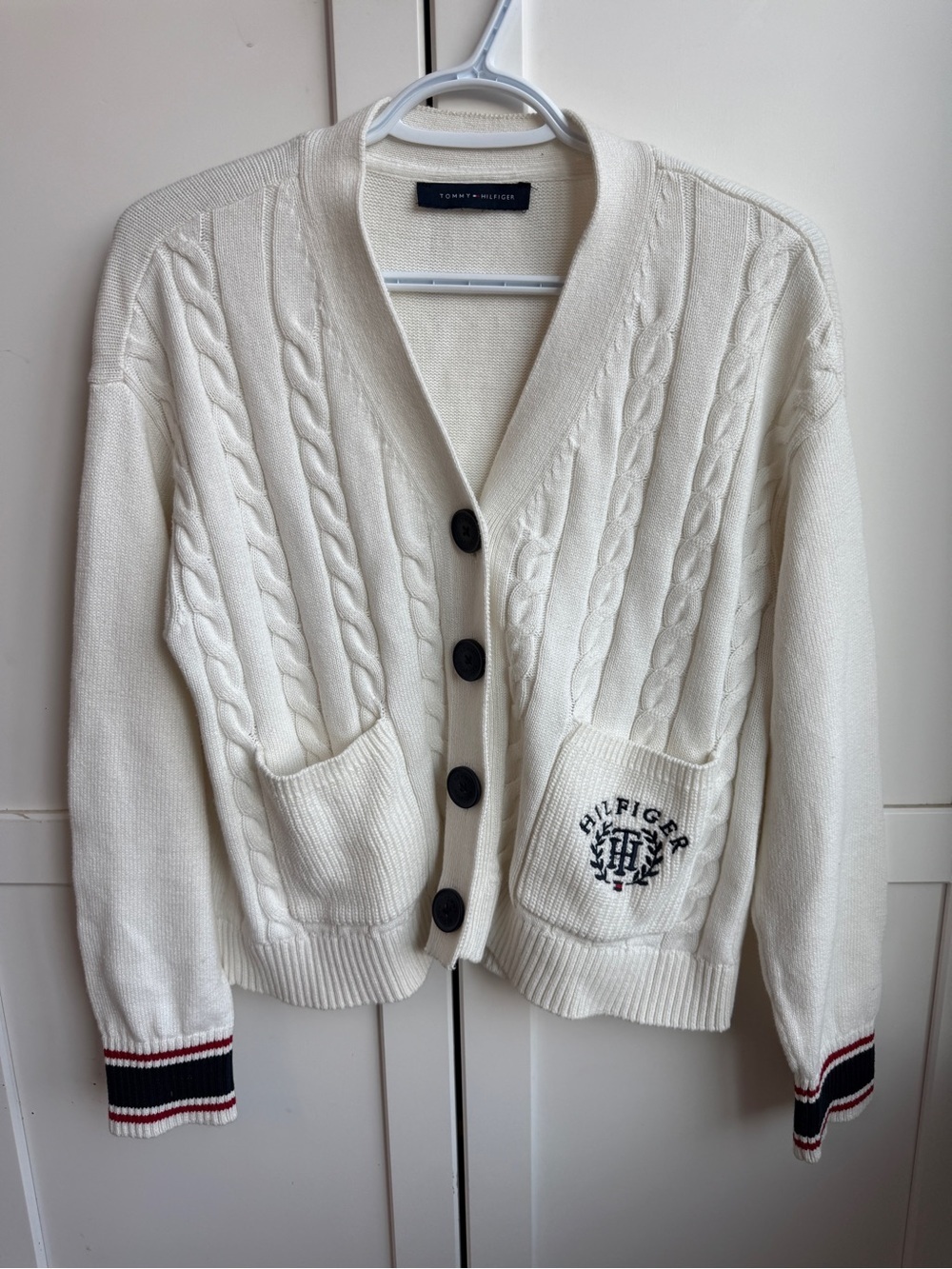 Tommy Hilfiger Cream Cable-Knit Cropped Cardigan Size M